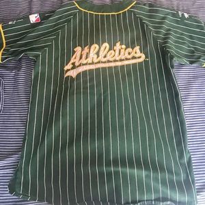 It’s a starter brand jersey. Green and yellow with white stripes. 3 arm patches.